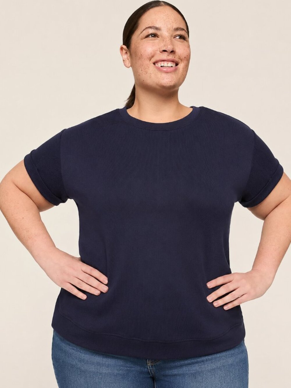 LIVI Lane Bryant Ribbed Journey Short Sleeve Sweatshirt Navy 14/16 (1X) - NWT